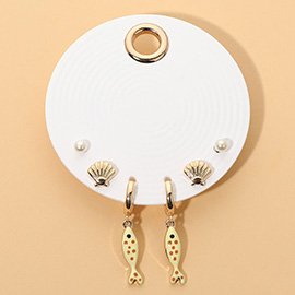 3 pares de dije de pez y perlas y conchas marinas